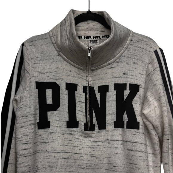 PINK Victoria’s Secret 1/4 Zip‎ Pullover Sweatshirt Gray Black Stripes Sz Small - Picture 2 of 4